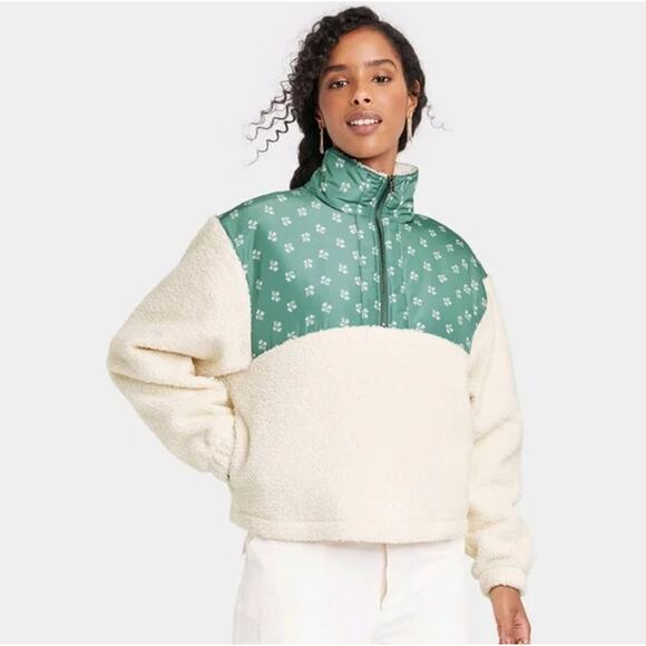 Universal‎ Thread XS Colorblock Faux Sherpa Jacket Green Floral Cream Cabincore - Picture 1 of 13